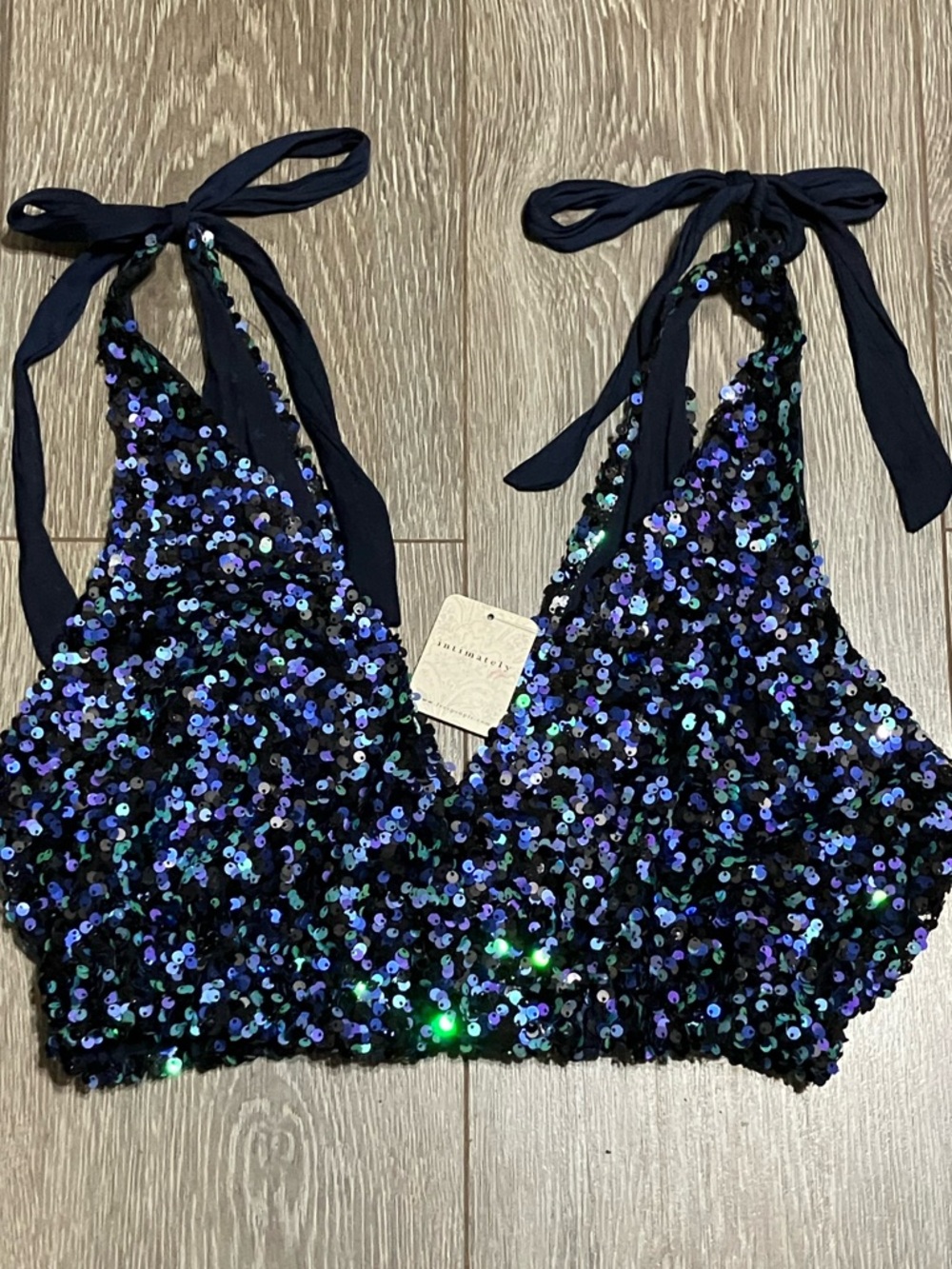 Free People Sequin Halter Crop Top - Black Iridescent with Shoulder Ties